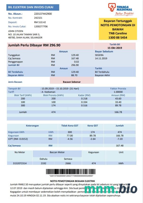 Malezja Tenaga Nasional szablon rachunku za energię elektryczną w formacie Word i PDF